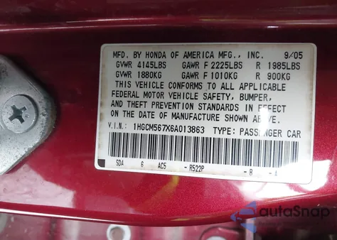 2006 Honda Accord 2.4 Ex from USA, damaged, VIN 1HGCM567X6A013863